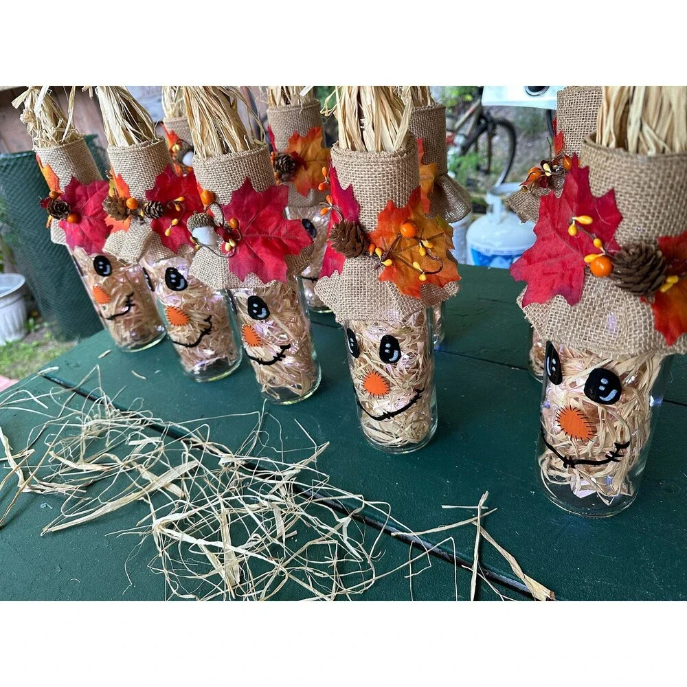 Light Up Scarecrow Bottle w/ Burlap Hat and Raffia “Straw” - New - Handmade